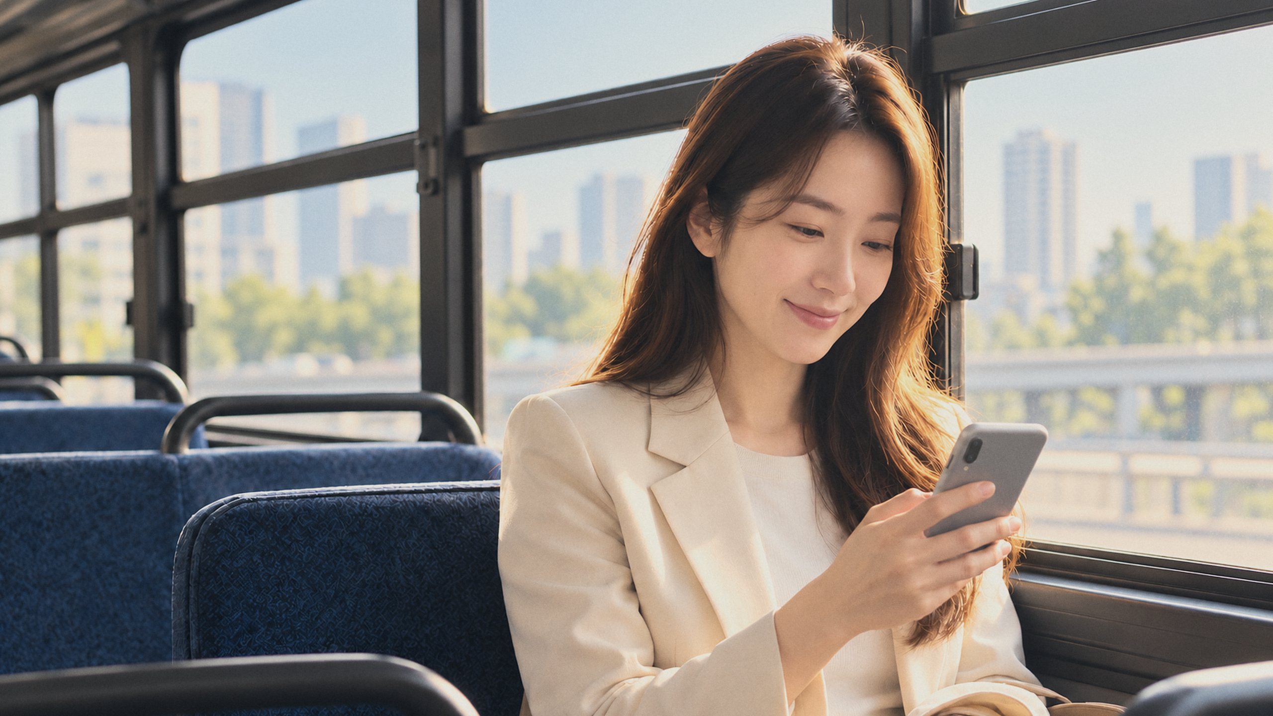 출근 버스 창가에서 휴대폰으로 교회 앱을 보며 미소 짓는 직장인